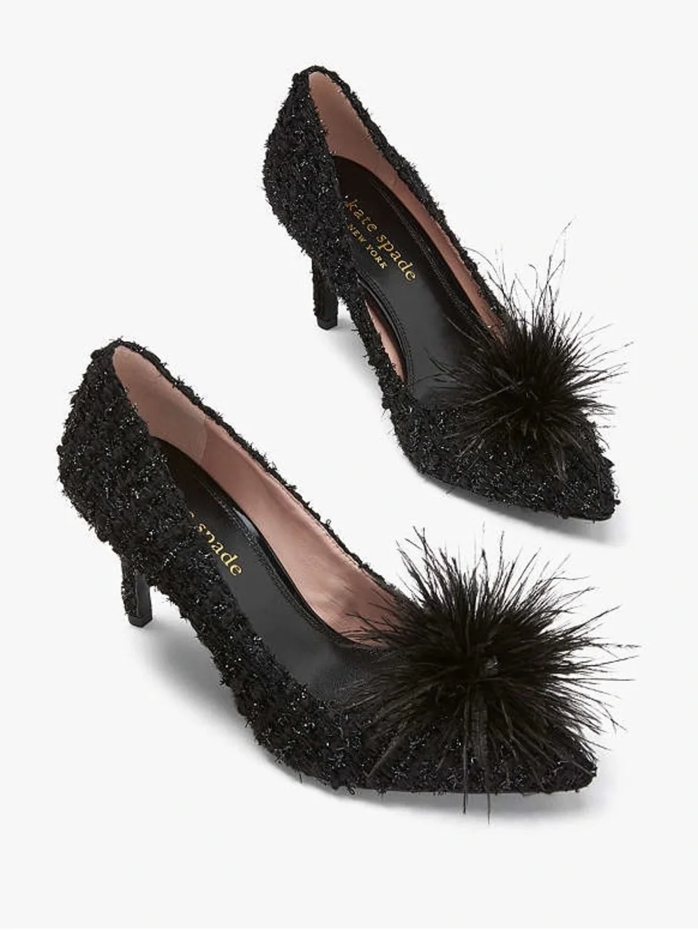 Kate Spade New York Marabou Black Tweed Feather Pom Pom Pumps Heels Size 9